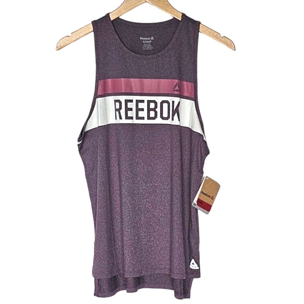 Reebok Athletic Tank Top Size S Purple Pink White Spell Out Logo Gym Running NEW